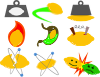 Nine lemon-inspired icons representing different energy phenomena. The first row depicts mechanical properties: potential energy (a heavy lemon), kinetic energy (a flying lemon), elastic deformation (a squished lemon). The second row shows chemical properties: a burning lemon, a lemon being digested, and a lemon battery. The third row depicts nuclear phenomena: fission (a lemon-looking atom splitting apart); fusion (lemon atoms joining); a lemon-anti-lemon collision and annihilation. The anti lemon is a lime with a goatee. 