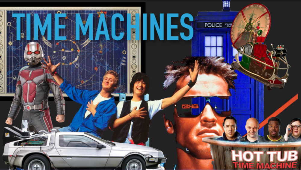 A collage of time machine images from cinema. 