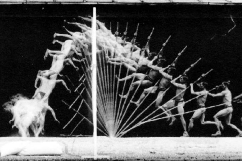 A multi-exposure film of a person pole vaulting, with each image separated by a few milliseconds. 