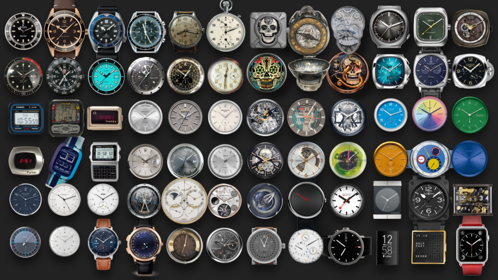 A grid of watch faces of different designs. 