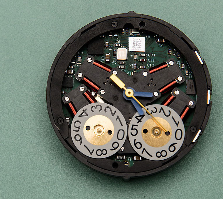 A Soprod watch movement. The stepper coils are clearly visible. 