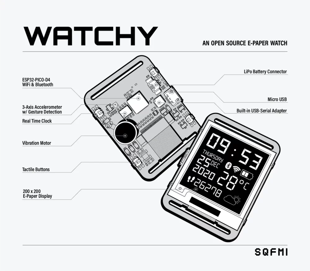 A Line drawing showing the inside and face of a rectangular e-ink digital watch.