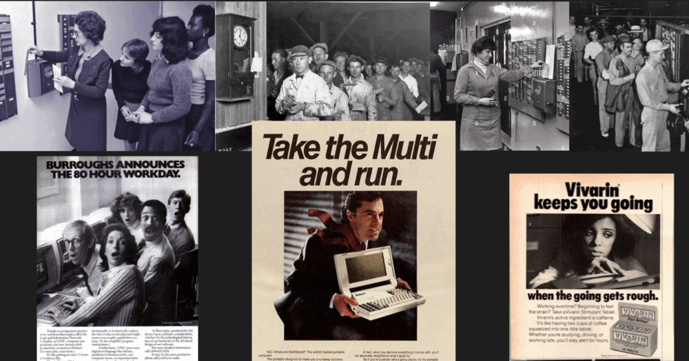 Several frantic hustle culture scenes. 