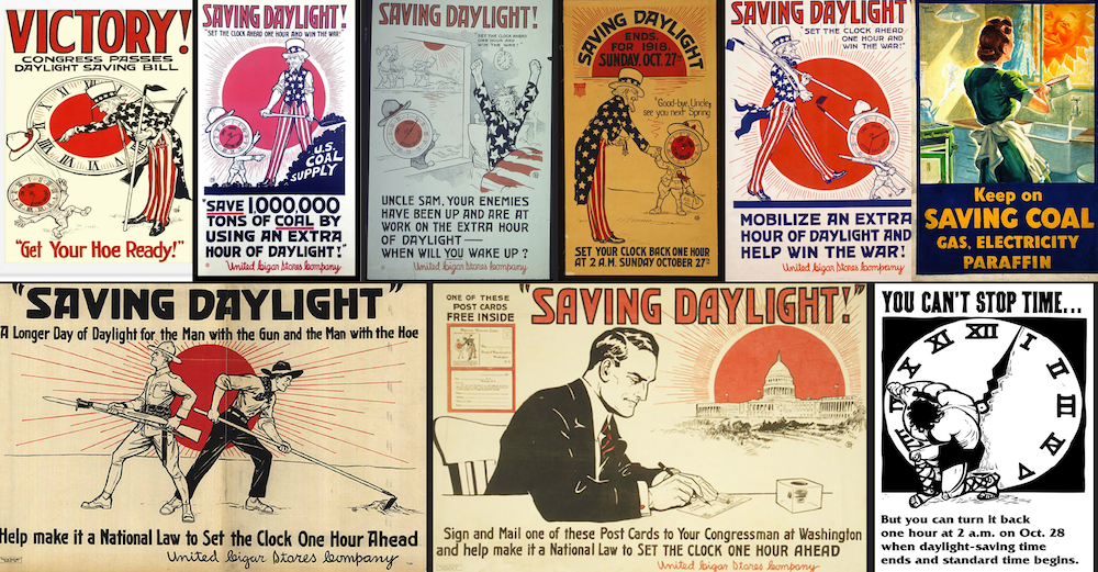 A collage of posters advocating for daylight saving time during world war 1.