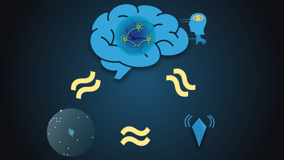 A schematic representation of the psychology of time showing a brain, the universe, and a vibrating crystal in congruence.