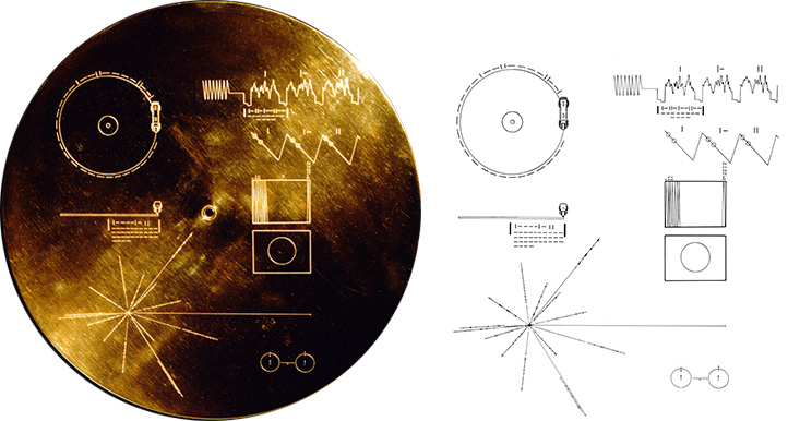 Voyager's famous Golden record. A gold disc is inscribed with many non-text symbols.