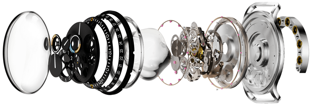 Exploded view of the wild Ressence watches.